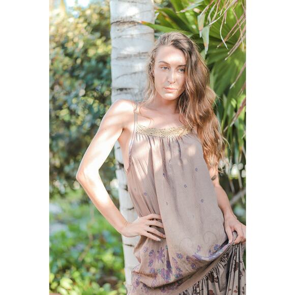 Floral Maxi Dress Mixed Media by T. ZOVICH Earth Tones Sleeveless Ecofriendly - Picture 7 of 12